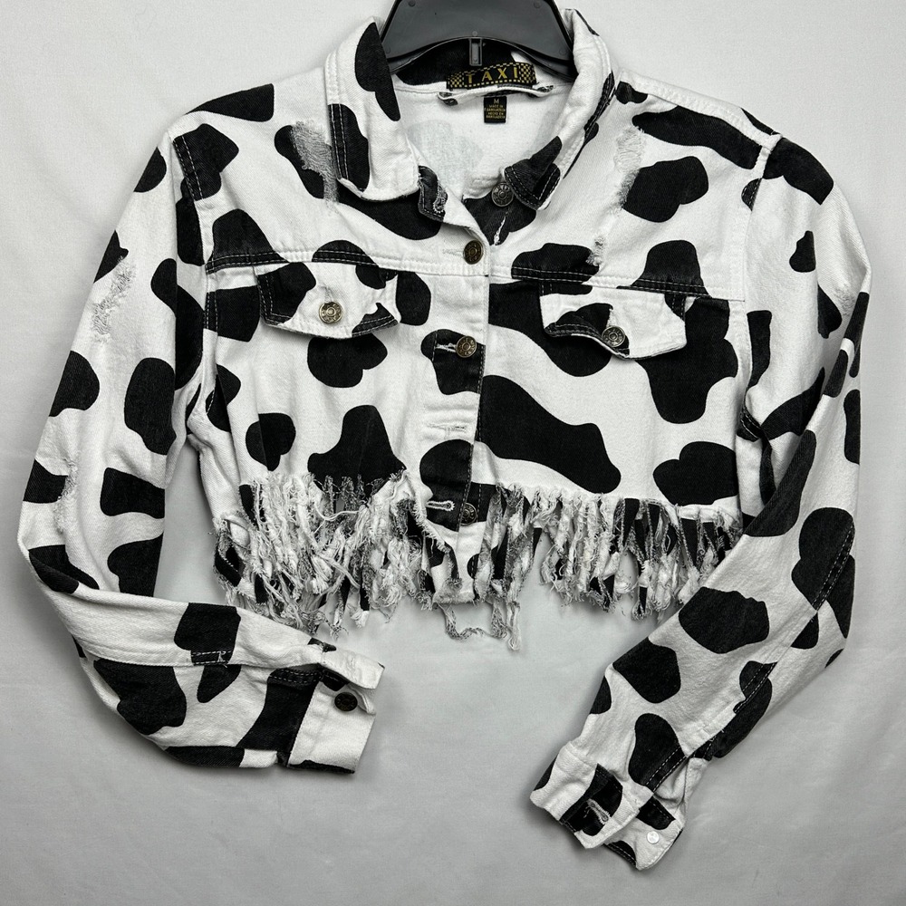 Taxi Womens Cow Print Distressed Cropped Denim Jacket White Black Medium 22114R